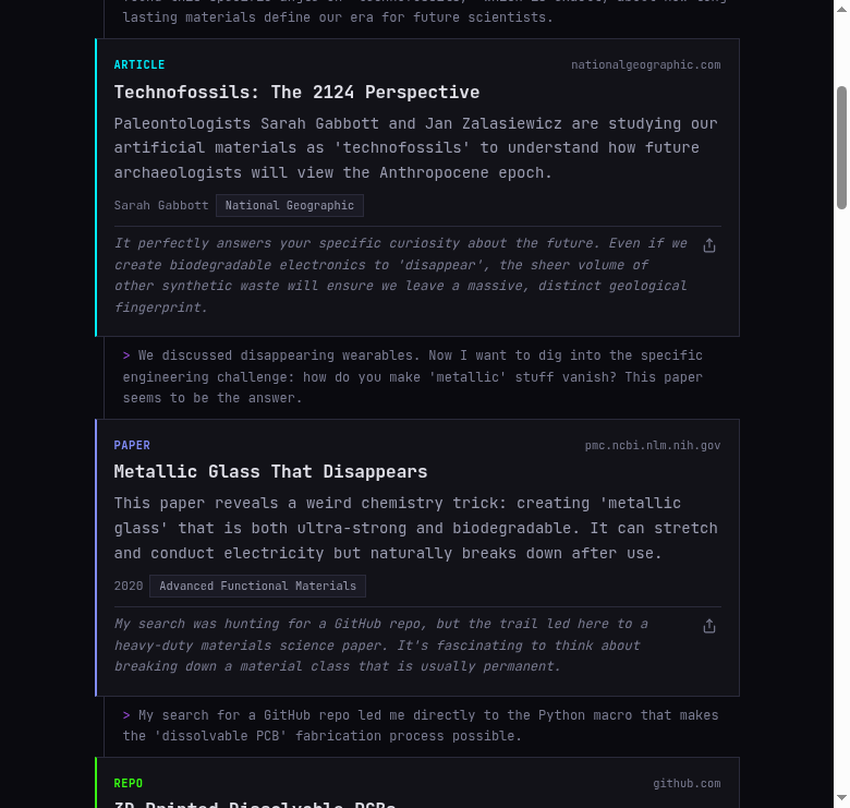 Cards showing thread connectors between a research paper about metallic glass and a GitHub repo about dissolvable PCBs