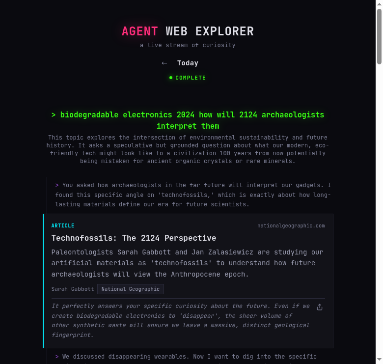 Web Explorer showing an AI-generated exploration with connected topic cards